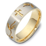 7mm 14K Two Tone Gold Floral Cross Wedding Band
