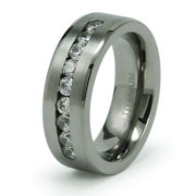 Flat Satin Channel Set CZ Titanium Wedding Ring