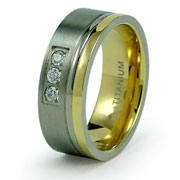 Three Stone CZ Gold Plated Titanium Wedding Band