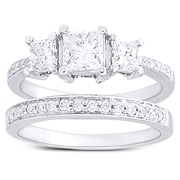 14K White Gold 3 Stone Princess Cut Engagement Ring Set