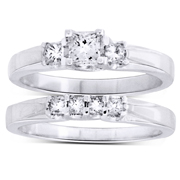 3 Stone Princess Diamond 14K White Gold Engagement Ring Set