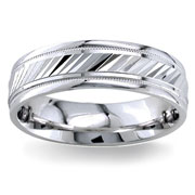 Stripe Carved Center 14K White Gold Milgrain Wedding Band