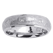 14K White Gold Hammer Finish Princess Diamond Wedding Band