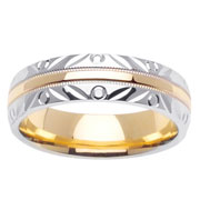 Carved Design Milgrain 14K Two Tone Wedding Band