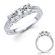 Three Diamond Carved 14K White Gold Engagement Ring (2.00 ctw)
