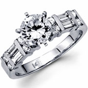 14KW Gold Barguette and Round Diamond Bar Set Engagement Ring