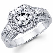Baguette, Round Pave & Milgrain 18KW Diamond Engagement Ring
