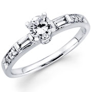 18KW Gold 3stone Engagement Ring with Baguette & Round Setting