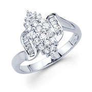 18KW Baguette Set, Cluster Round Diamond Fancu Ring (0.58Ct)