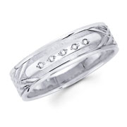 Carved Pattern 14K White Gold Diamond Wedding Band