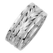 Carved Pattern Center 14K White Gold Wedding Band