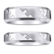 14K White Gold Brush and High Polish Gear Pattern Band Set