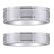 14K White Gold Brush Grid Pattern Wedding Rings for Him & Her