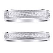14K White Gold Hammer Center Milgrain Couple's Wedding Bands