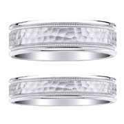 14K White Gold Hammer Center Milgrain Couple's Wedding Rings