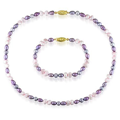 Set Of 18 FW 5-6.5mm Dyed Pink  Light Purple Irregular  Rice Pearl Necklace  7 B