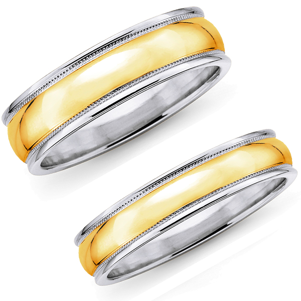 14K Two Tone Polished 4mm  6mm Matching Wedding Bands