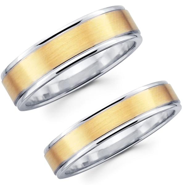 4mm  6mm Brushed Contemporary 14K Two Tone Matching Wedding Bands