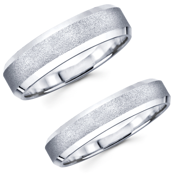 4mm  6mm 14K White Gold Sandblast Contemporary Wedding Bands Set
