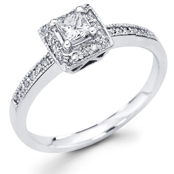 14K White Gold Halo Princess Cut Diamond Engagement Ring