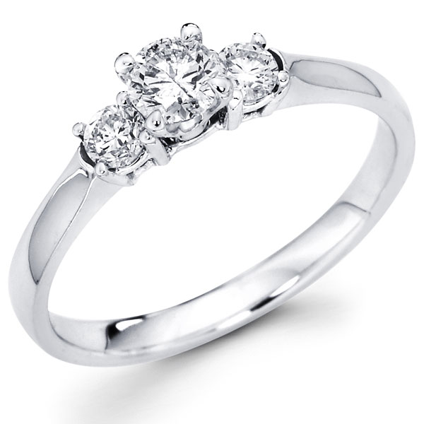 14K White Gold Three Stone Round Diamond Bridal Ring
