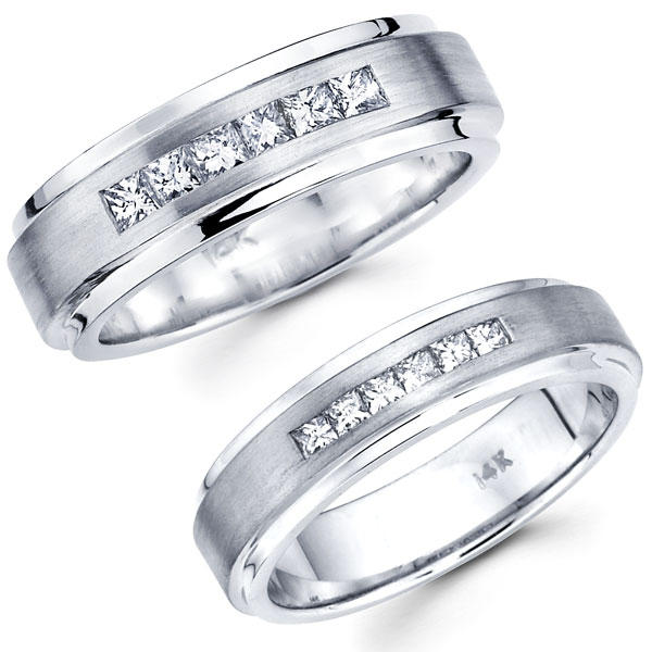 14K Satin  Polish Princess Diamond Matching Wedding Bands