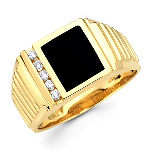 14K Yellow Gold Mens Onyx and Diamond Ring