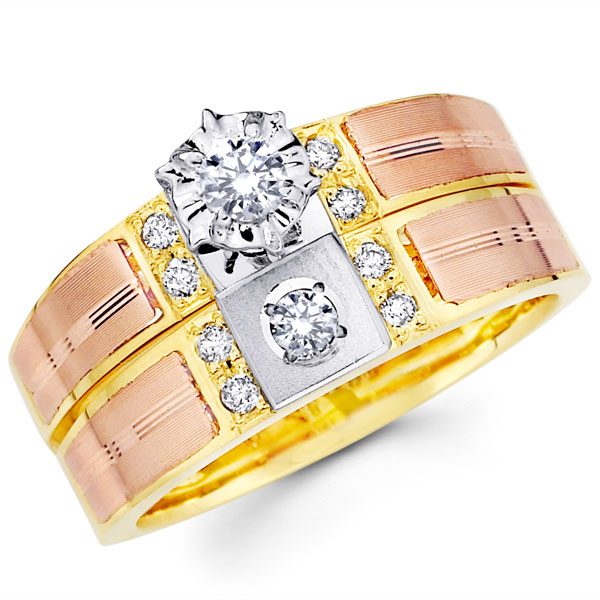 14K Tri Color Gold Diamond Bridal Ring Set