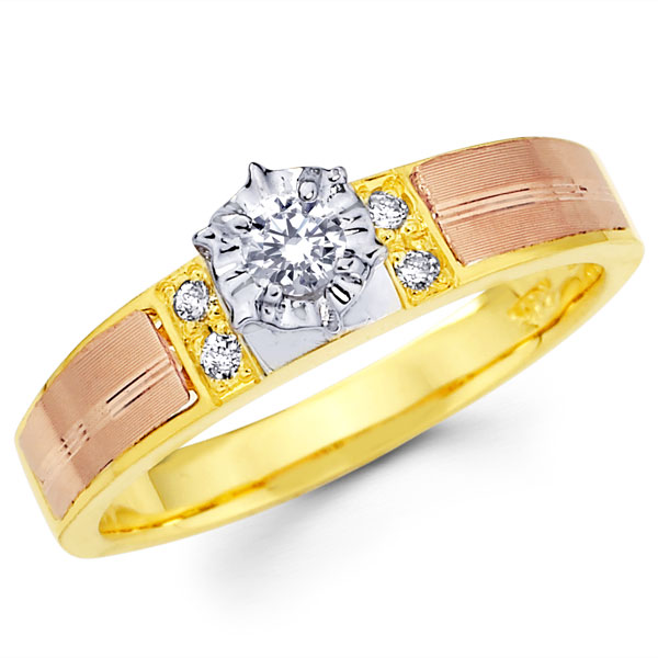 14K Tri Color Round Diamond Engagement Ring