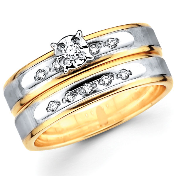 14K Two Tone Round Diamond Engagement Wedding Ring Set
