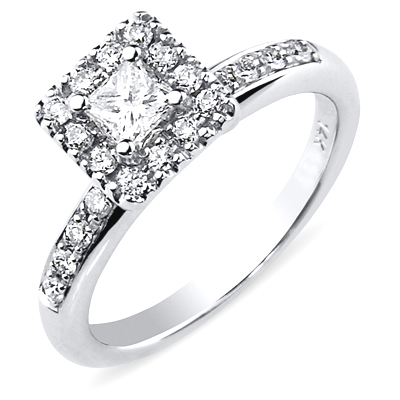This bridal ring is a truly amazing engagement ring. It features a glistening center princess cut diamond surrounded by a halo of round diamonds and dazzling side diamonds  creating a remarkable sparkle.  Perfect for a modern woman who appreciates classic elegance and a ring to complement her style..