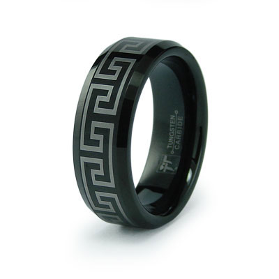 Greek Pattern Laser Engraved Black Tungsten Ring