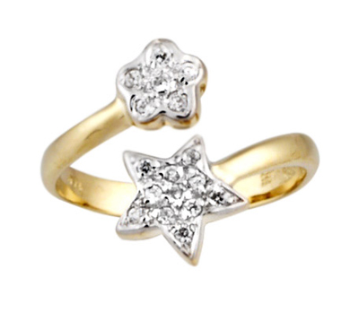 14k Yellow Gold Star and Flower CZ Bypass Ring