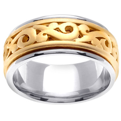 14K Scroll Design Two Tone Wedding Band