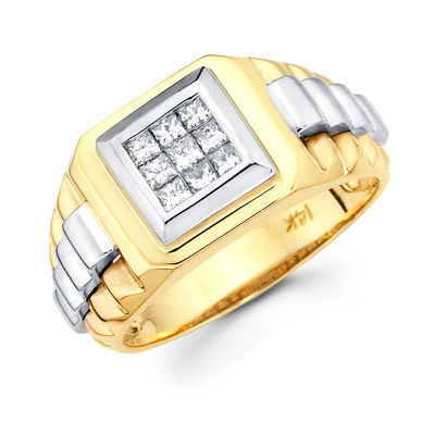 14K 2Tone Invisible Princess Rolex Men's Ring (0.44Ct) - Diamond Rings 