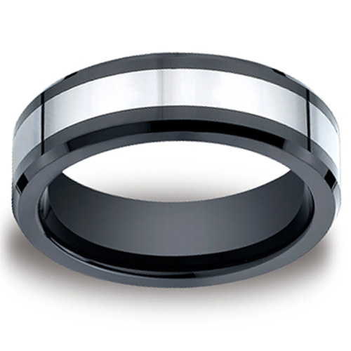 7mm Comfort-Fit Ceramic-Inlay Beveled Black Cobalt Ring