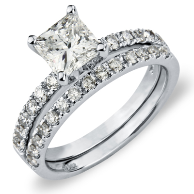 14K Pave Princess Cut Diamond Engagement Ring Set