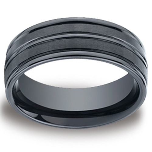 8mm Dual-Finish Grooved Comfort-Fit Black Ceramic Ring - Men