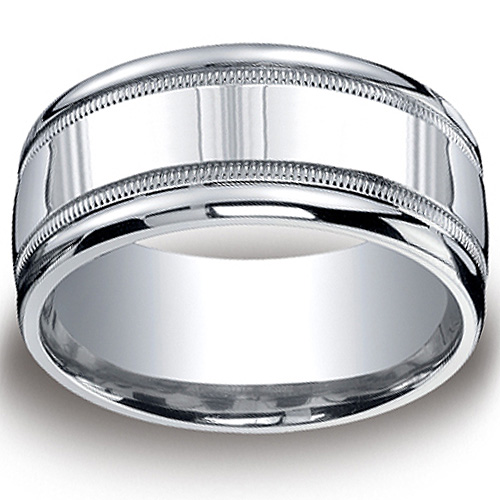 10mm Comfort-Fit Polished Milgrain Argentium Silver Men’s Wedding Ring