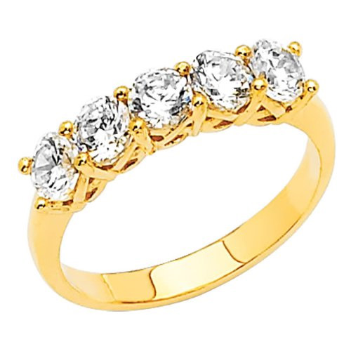 Yellow Plated Silver CZ .74 CT Five Stone Basket Set Wedding Ring Size 3 To 15 1/4 Size Interval 