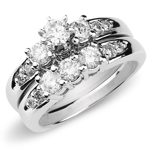 Flawless Three Stone 14K White Gold Diamond Bridal Ring Set