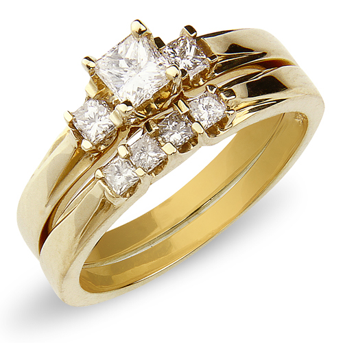 Three Stone 14K Yellow Gold Princess Cut Diamond Wedding Ring Set