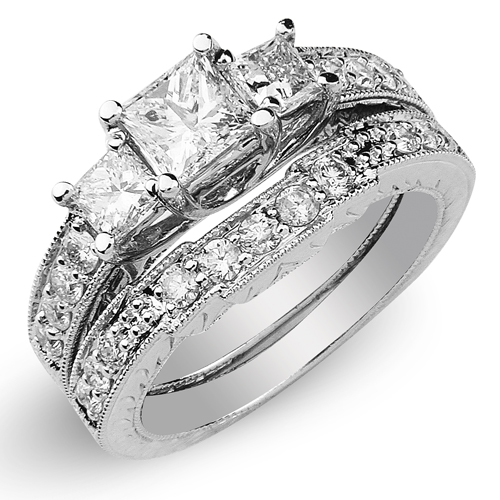 14K White Gold 3 Stone Diamond Bridal Ring Set