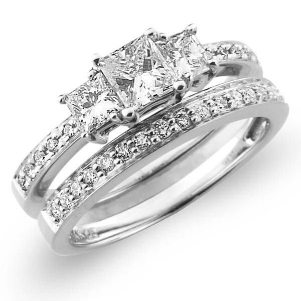 14K White Gold 3 Stone Princess Cut Diamond Wedding Ring Set 0.92ctw