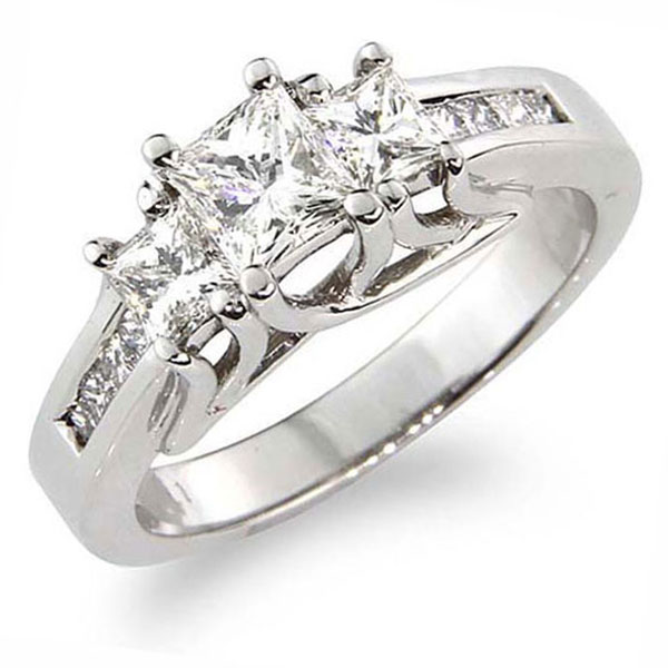 14K White Gold 3 Stone Princess Cut Diamond Engagement Ring