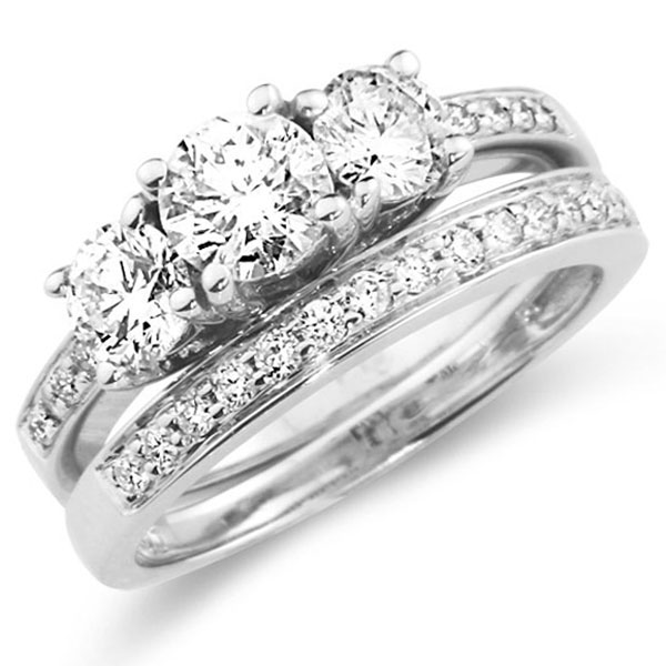 14K White Gold Three-Stone Round Diamond Wedding Ring Set
