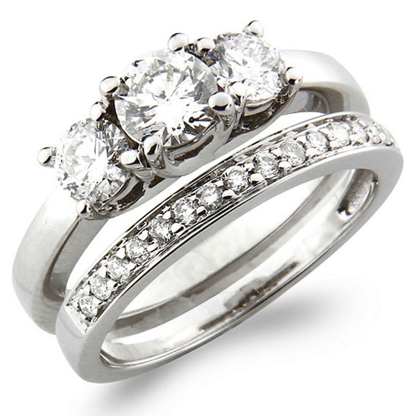 14K White Gold 3 Stone Diamond Wedding Ring Set