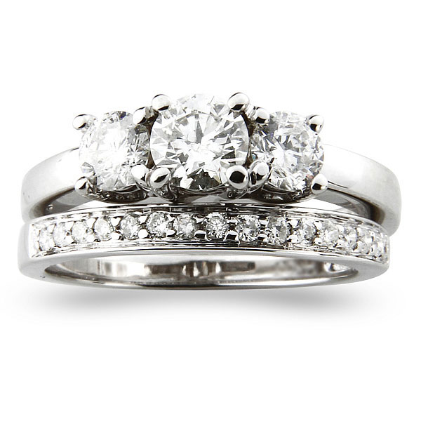 14K White Gold 3 Stone Diamond Wedding Ring Set