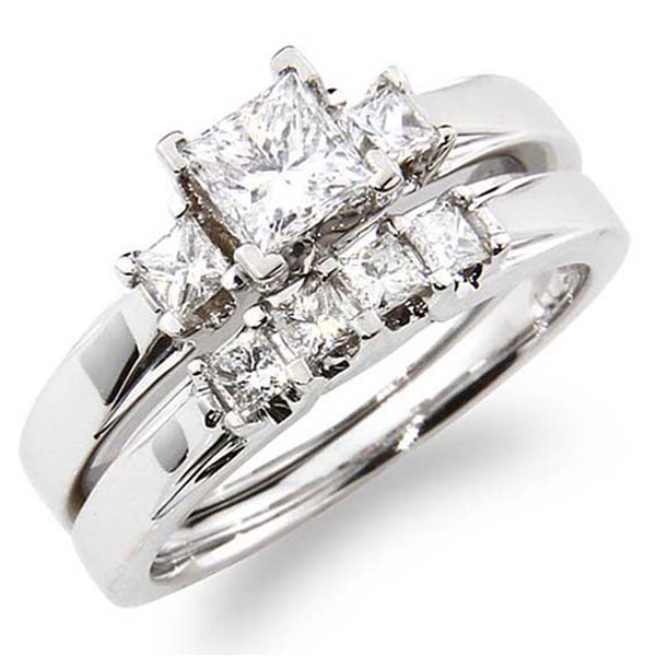 14K White Gold 3 Stone Princess Cut Diamond Wedding Ring Set 0.85ctw