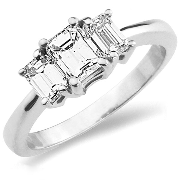 Classic 14K White Gold 3 Stone Emerald Cut Engagement Ring